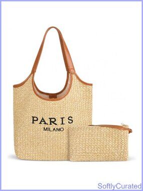 Woven Straw Beach Tote Bag with Wristlet Purse PU Leather Straps